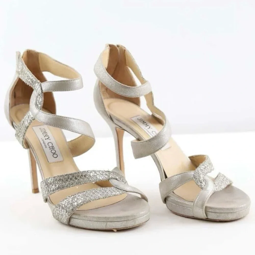 Jimmy Choo Authentic Designer Glittering Silver High Heels - Picture 3 of 16